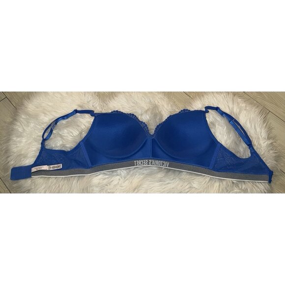 Victorias Secret Lined No Wire Bra Lace Spell Out Womens 38C Blue - Picture 5 of 6